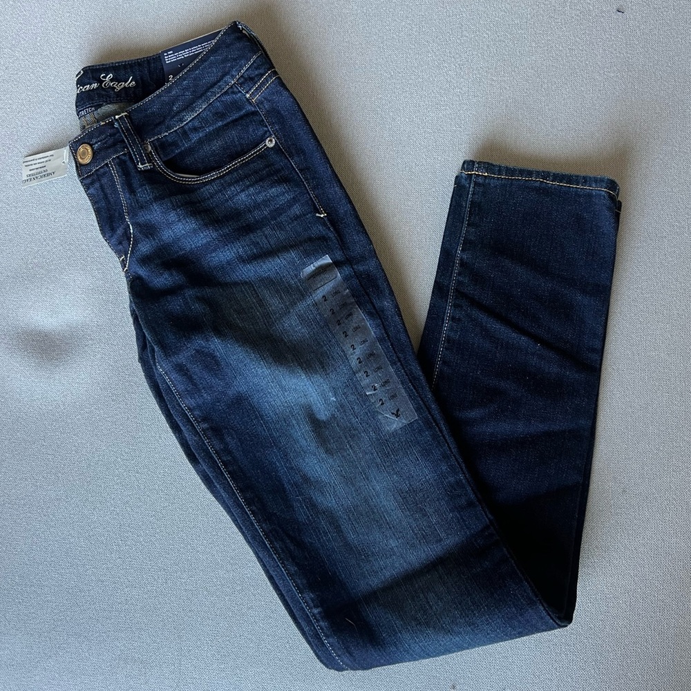 Women’s American Eagle Pure Dark Indigo Wash Low Rise Skinny Stretch Long Jeans